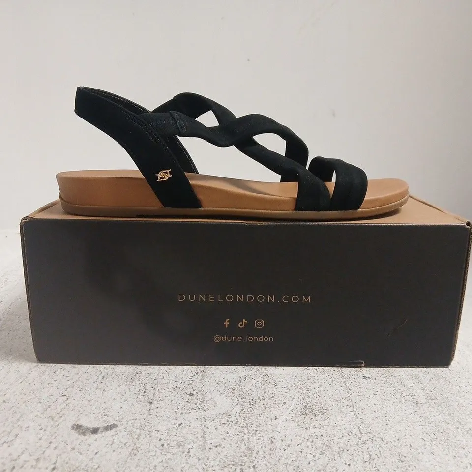 BOXED PAIR OF DUNE LONDON OPEN TOE CROSS STRAP SANDALS IN BLACK SIZE 6