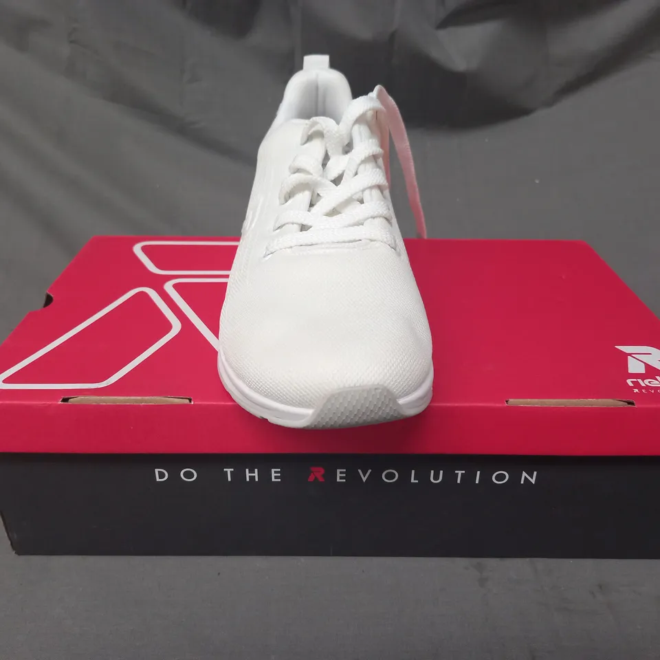BOXED PAIR OF RIEKER TRAINERS IN WHITE SIZE 6