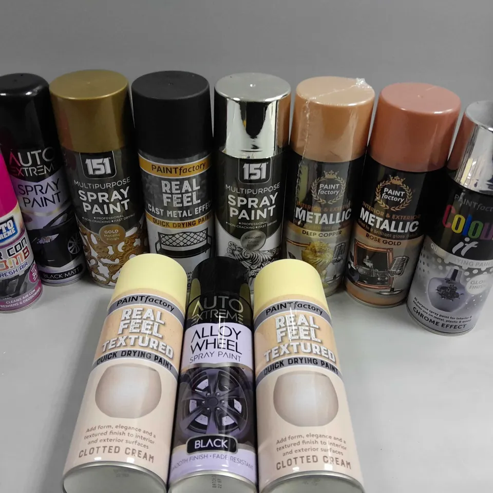 11 X ASSORTED SPRAY PAINTS IN ASSORTED COLOURS & STYLES TO INCLUDE CLOTTED CREAM, CHROME EFFECT, DEEP COPPER ETC 