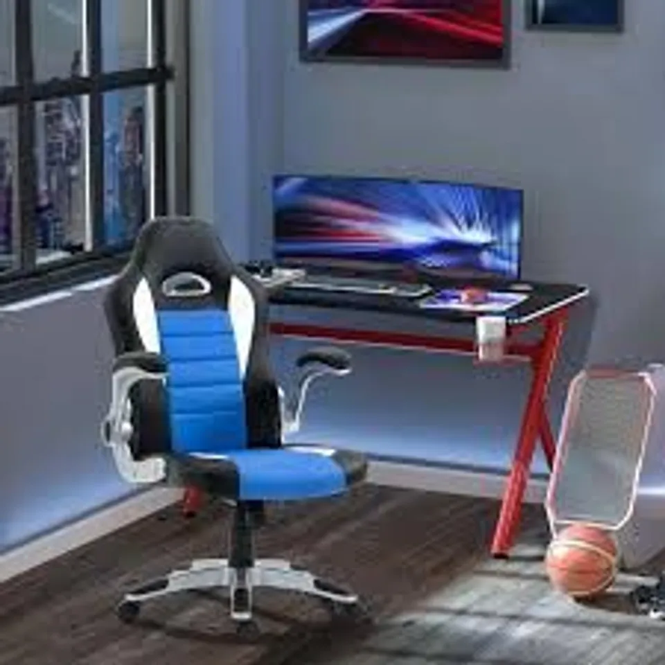 BOXED HOMCOM COMPUTER GAMING CHAIR, OFFICE DESK SWIVEL CHAIR, PU LEATHER RACING CHAIR WITH 90° FLIP-UP ARMREST, ADJUSTABLE HEIGHT AND ROLLING WHEELS, BLUE (1 BOX)