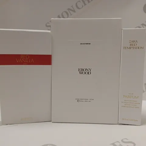 BOX OF 3 ASSORTED ZARA FRAGRANCES TO INCLUDE RED VANILLA EAU DE TOILETTE, EBONY WOOD EAU DE PARFUM, RED TEMPTATION EAU DE PARFUM