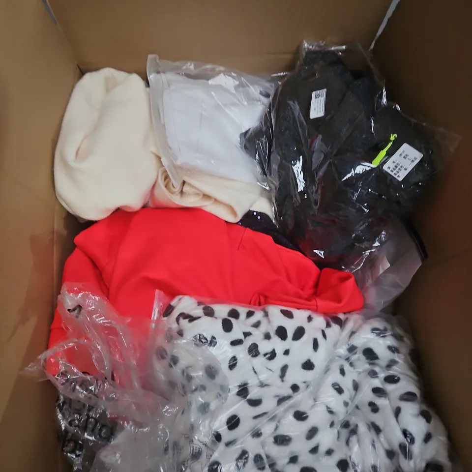 LARGE BOX OF APPROXIMATELY 25 ASSORTED CLOTHING ITEMS IN VARIOUS COLOURS, STYLES AND SIZES - COLLECTION ONLY