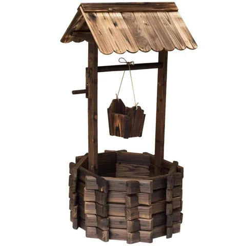 OUTSUNNY WOODEN WISHING WELL PLANTER OUTDOOR FLOWER POT BACKYARD GARDEN DECOR W/ BUCKET (1BOX )