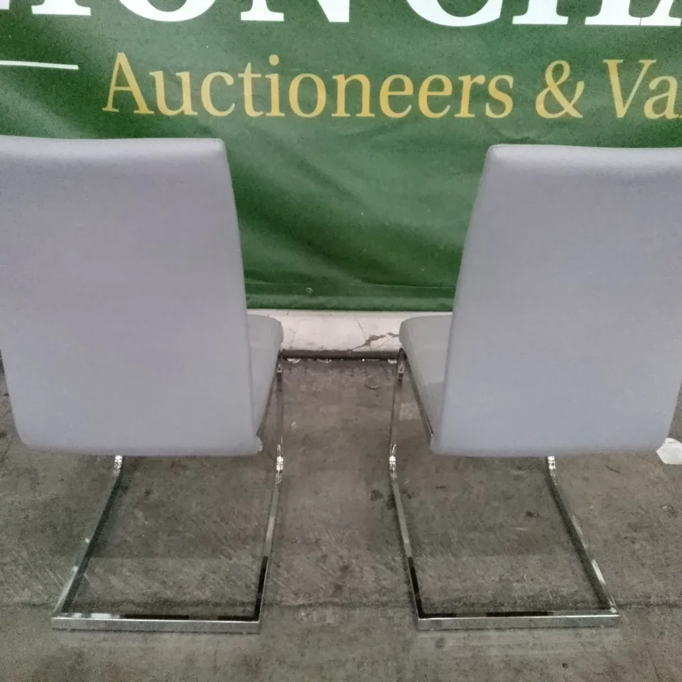 SET OF 2 NEW PERTH LIGHT GREY LEATHER DINING CHAIRS (CHROME LEG)