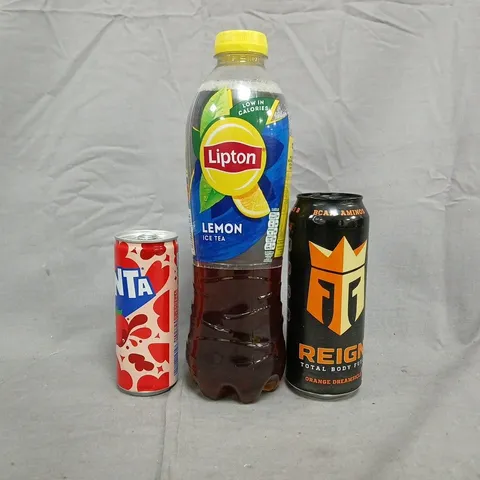 APPROXIMATELY 10 ASSORTED FOOD AND DRINK ITEMS TO INCLUDE LIPTON ICE TEA, REIGN, FANTA, ETC