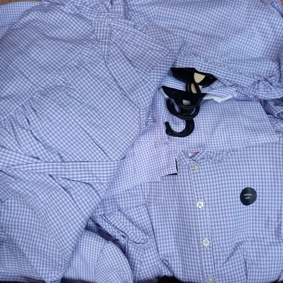 BOX OF APPROXIMATELY 250 GIRLS SCHOOL GINGHAM PURPLE PLAYSUITS IN VARIOUS SIZES - COLLECTION ONLY