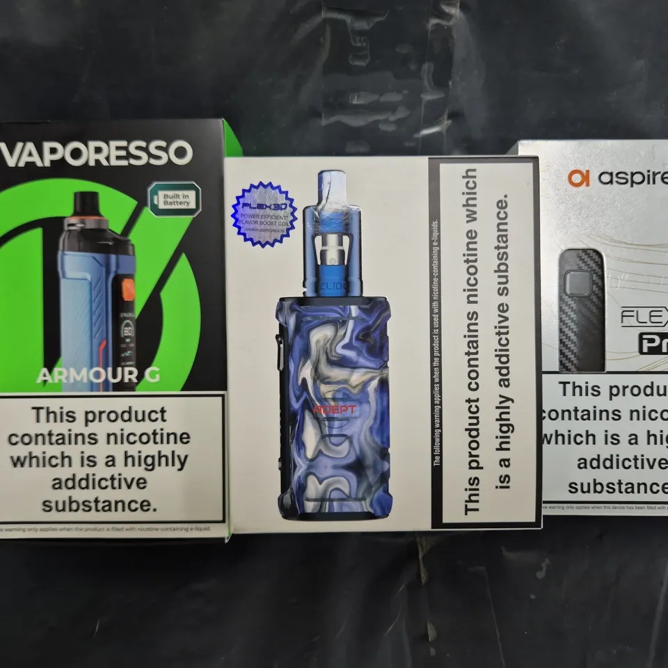 BOX OF APPROXIMATELY 20 ASSORTED VAPING ITEMS AND PRODUCTS TO INCLUDE VAPORESSO, ASPIRE, ETC