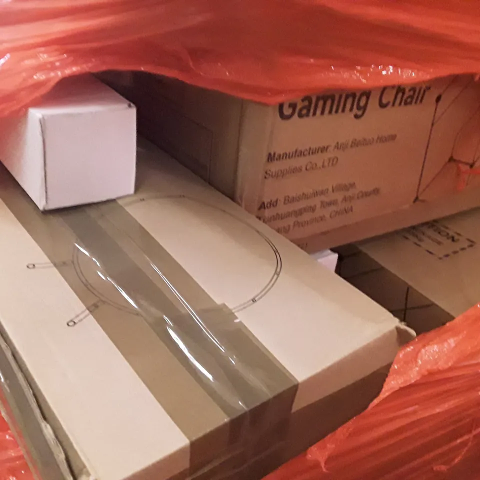 PALLET OF ASSORTED PRODUCTS INCLUDING ROUND BALLOON ARCH STAND, GAMING CHAIR, SHOWER SYSTEM