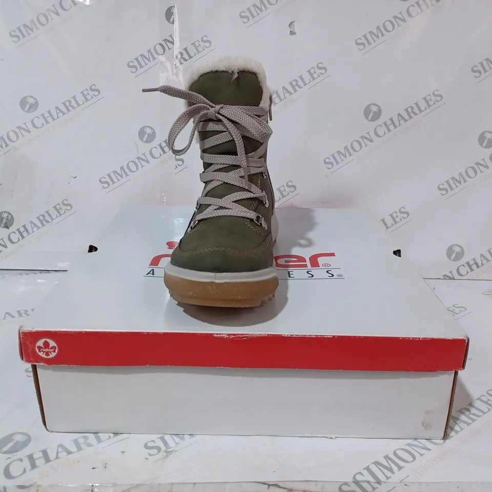 BOXED PAIR OF RIEKER ANTISTRESS WARM HIKING BOOTS, KHAKI - SIZE 3.5