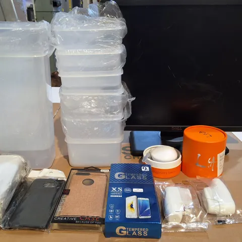 LARGE QUANTITY OF ASSORTED ITEMS TO INCLUDE PHONE CASES AND SCREEN PROTECTORS, PLASTIC TUBS, MONITORS AND PARASOL