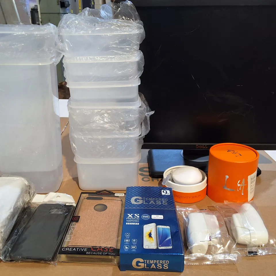 LARGE QUANTITY OF ASSORTED ITEMS TO INCLUDE PHONE CASES AND SCREEN PROTECTORS, PLASTIC TUBS, MONITORS AND PARASOL