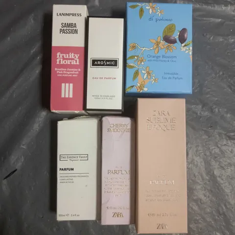 BOX OF APPROX 6 ASSORTED BOXED FRAGRANCES TO INCLUDE - ZARA CHERRY SMOOTHIE - DI PALOMO ORANGE BLOSSOM - LANIMPRESS FRUITY FLORAL - ETC