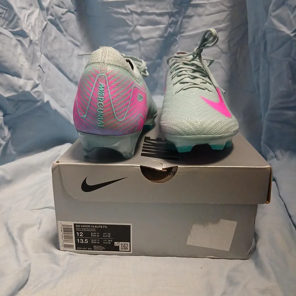 NIKE ZOOM VAPOR 16 ELITE FG FOOTBALL BOOTS – GREY/TEAL WITH PINK SWOOSH, UK 11 (US 13.5)