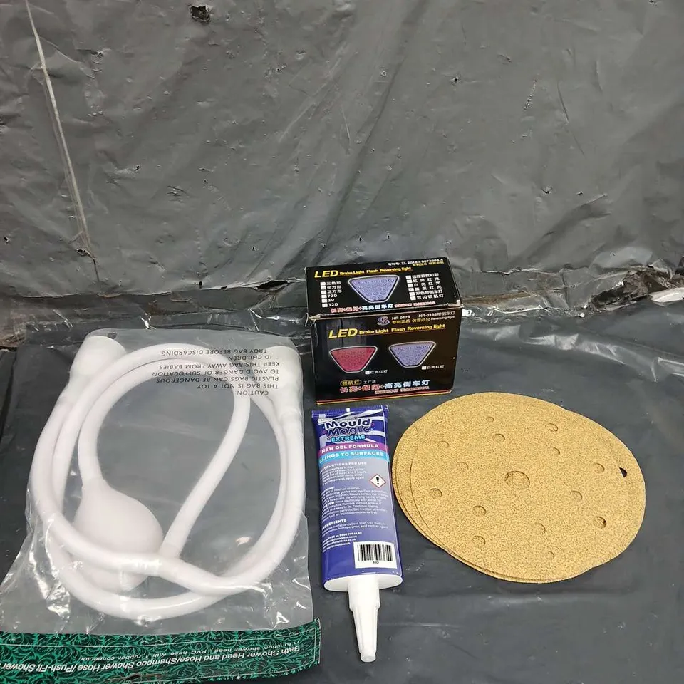 TOTE OF APPROXIMATELY 15 HOUSEHOLD ITEMS TO INCLUDE - TAP SHOWER HEAD - SANDER PAPER - MOULD CLEANER