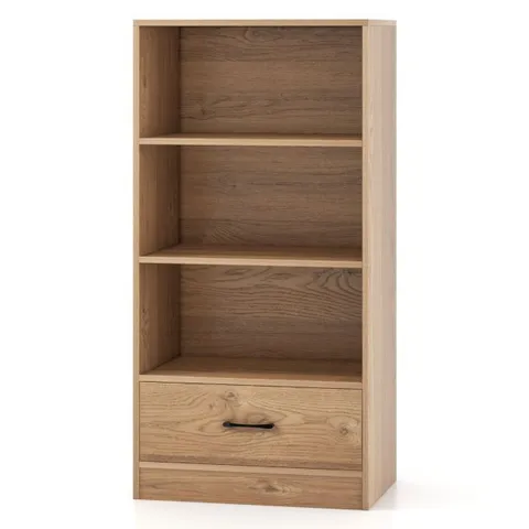 BOXED COSTWAY WOODEN STORAGE BOOKSHELF CABINET WITH 3-TIER OPEN SHELVES AND DRAWER - NATURAL