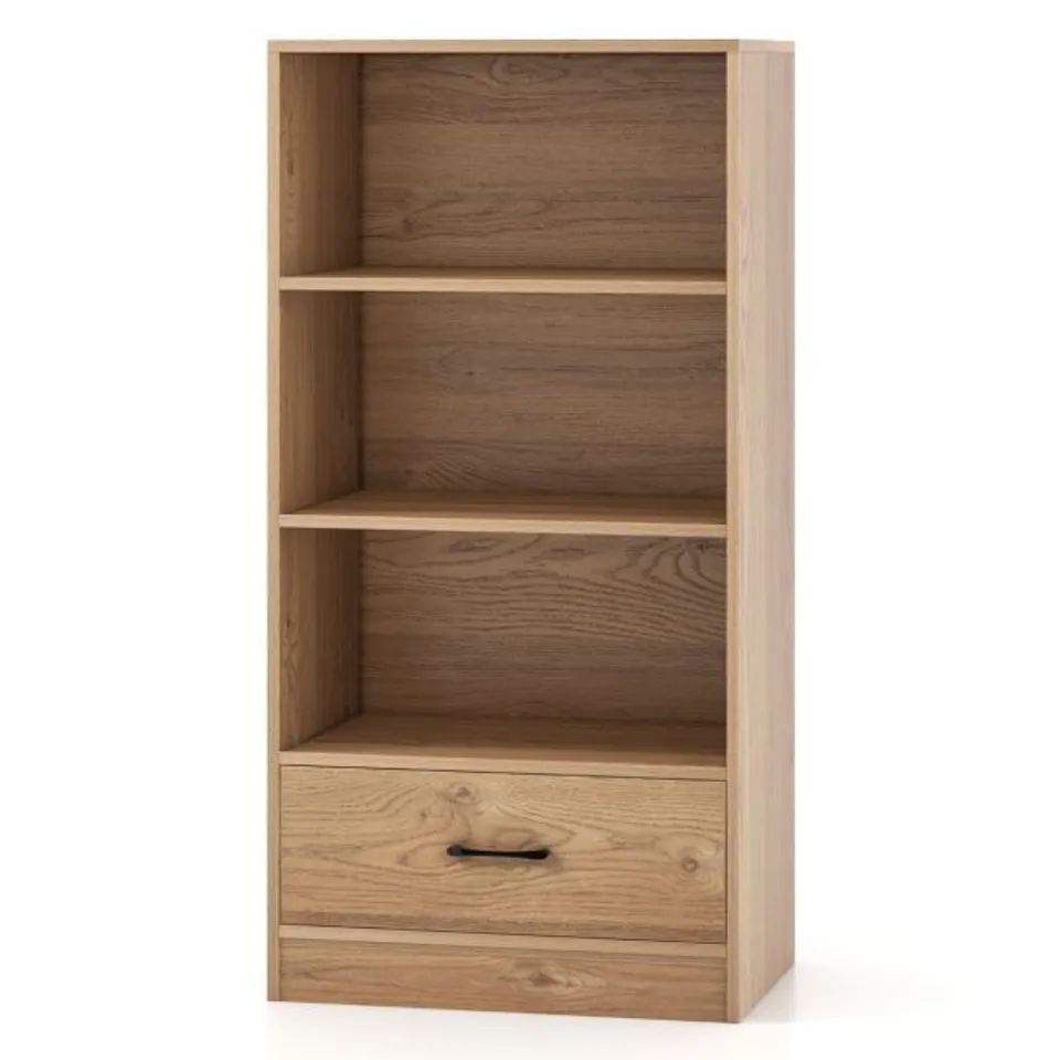 BOXED COSTWAY WOODEN STORAGE BOOKSHELF CABINET WITH 3-TIER OPEN SHELVES AND DRAWER - NATURAL