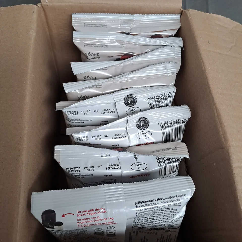 BOXED AND PACKAGED EASIYO GREEK STYLE YOGHURT POWDER - BLUEBERRY AND BLACKCURRANT , NATURAL AND RHUBARB 