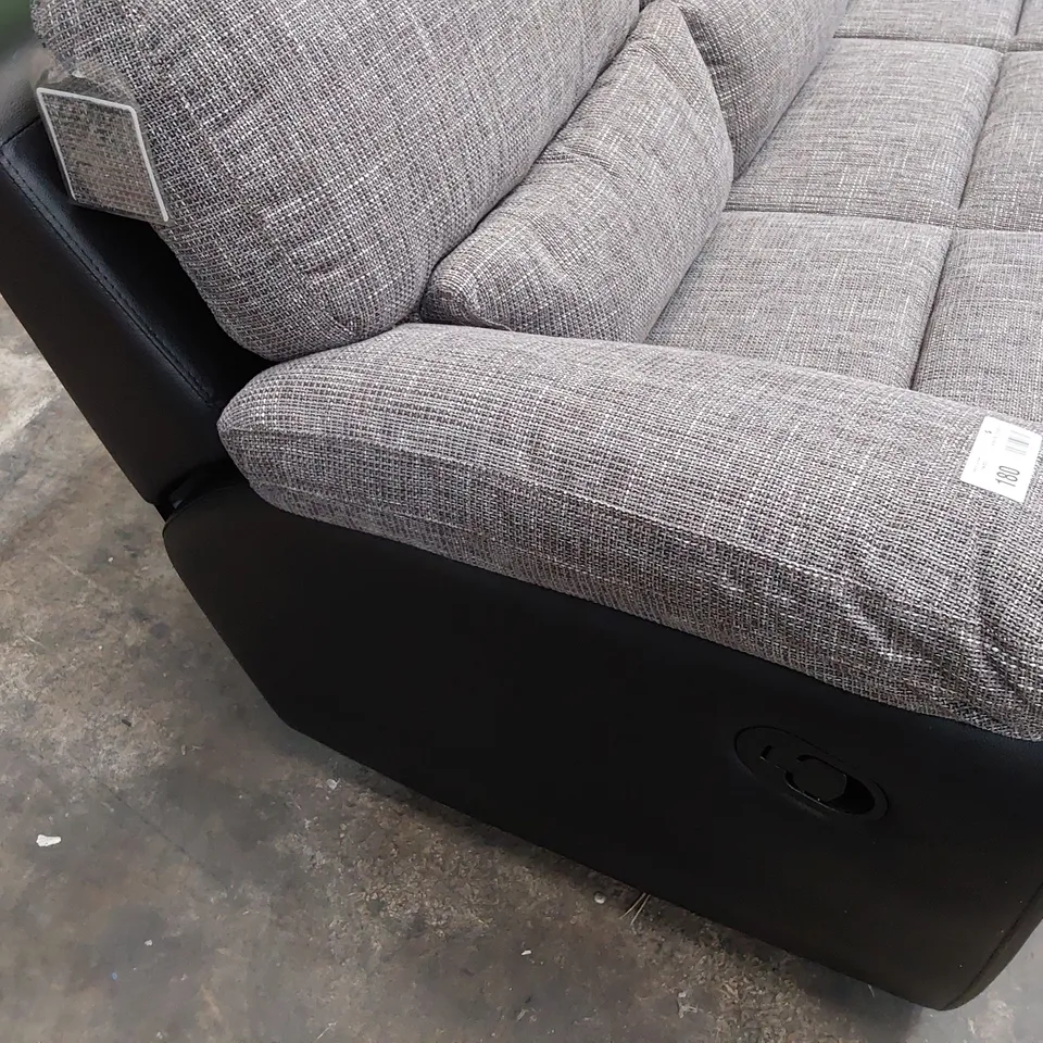 DESIGNER MANUAL RECLINING THREE SEATER SOFA BLACK FAUX LEATHER & GREY FABRIC 