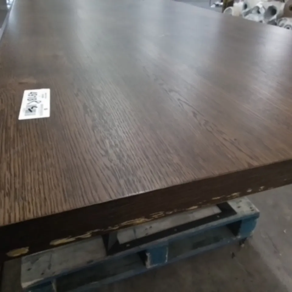 LARGE WOODEN RECTANGULAR DINING TABLE ON BLACK METAL BASE