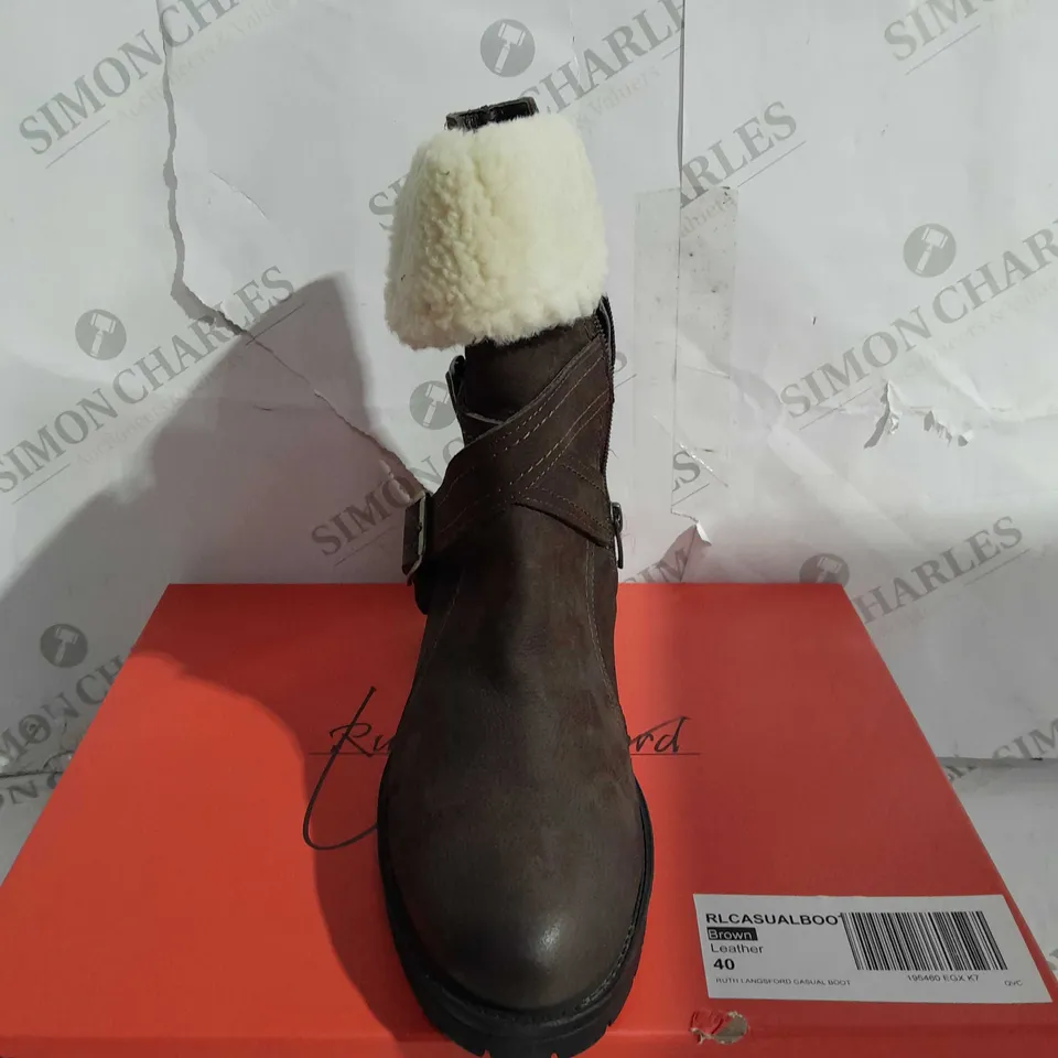 BOXED PAIR OF RUTH LANGSFORD CASUAL BOOTS, OAK - SIZE 7