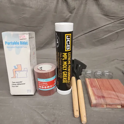TOTE OF APPROXIMATELY 10 ASSORTED HOUSEHOLD ITEM TO INCLUDE KITCHEN UTENCILS, SANDPAPER AND LITHIUM GREASE