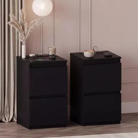 BOXED DENVER 2 DRAWER BEDSIDE CHEST WITH POWER OUTLET, SET OF 2 - BLACK (1 BOX)