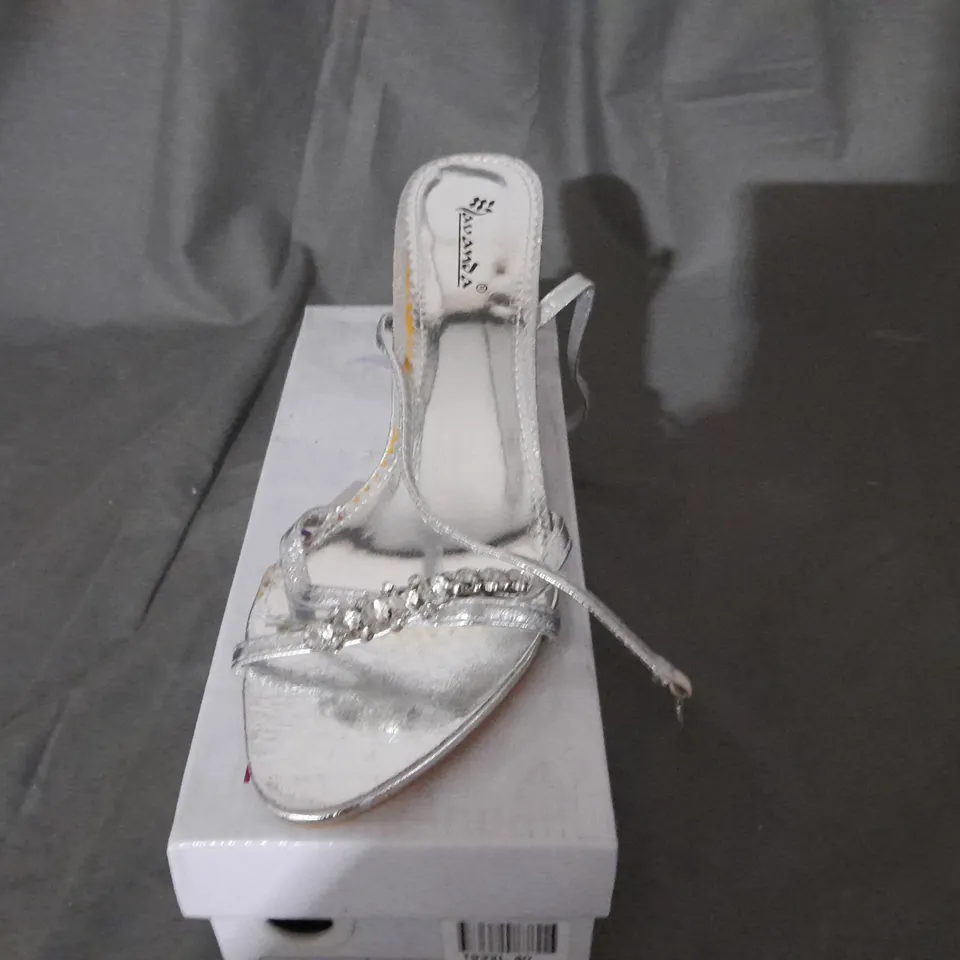 APPROXIMATELY 10 BOXED PAIRS OF LOW PROFILE  SILVER HIGH HEELS TO INCLUDE SIZE 6