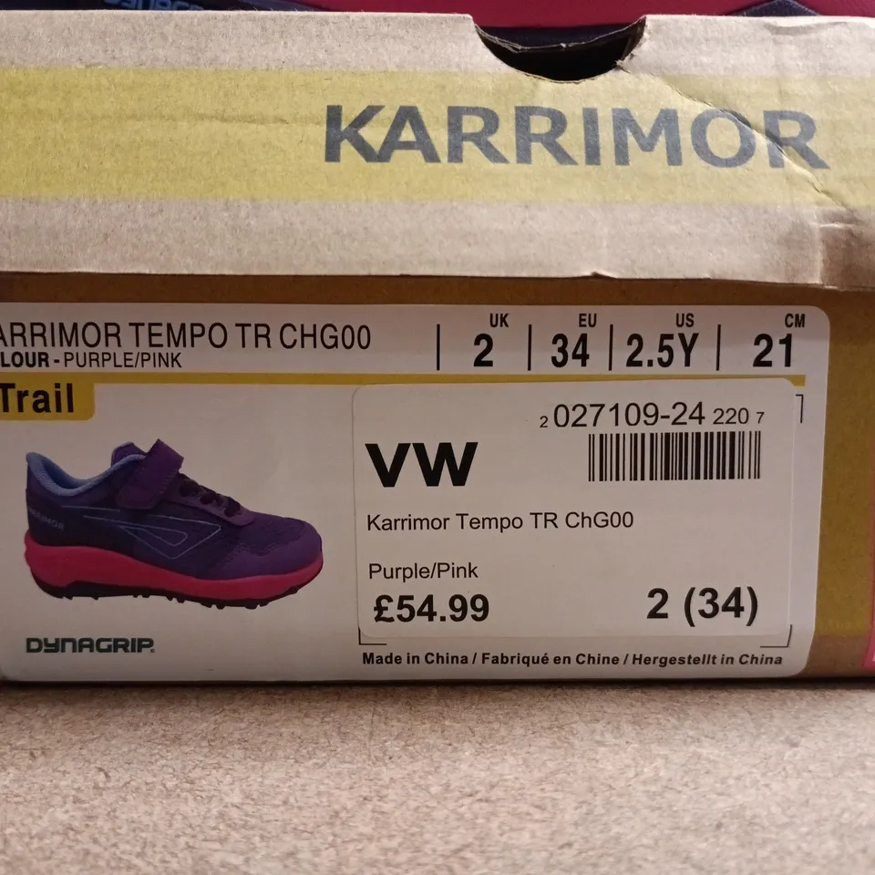 BOXED PAIR OF KARRIMOR TEMPO TR CHG00 KIDS' TRAIL SHOES – PURPLE/PINK, UK 2 (EU 34)