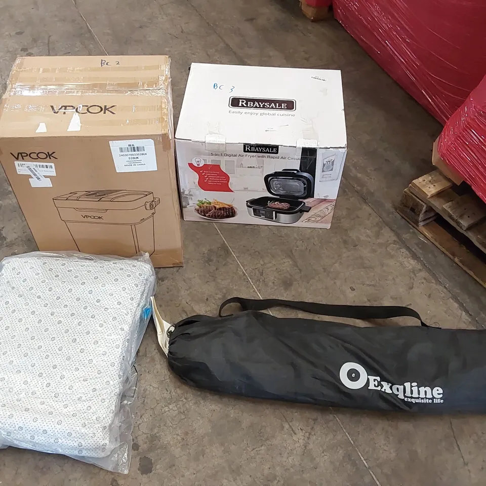 PALLET OF ASSORTED CONSUMER PRODUCTS TO INCLUDE: VPCOK COOLER, AIR FRYER, GAZEBO, RUG ECT