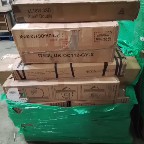 PALLET CONTAINING VARIOUS BOXED HOUSEHOLD ITEMS TO INCLUDE: SMALL DOUBLE BED FRAME, TOWER FANS, AND LOTS MORE UNMARKED BOXED ITEMS.