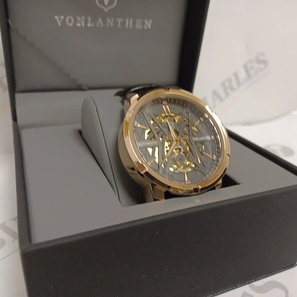 VONLANTHEN MENS AUTOMATIC WATCH - STAINLESS STEEL ROSE GOLD CASE - EXHIBITION BACK BLACK LEATHER STRAP - 3ATM WATER RESISTANT - DISPLAY BOX 