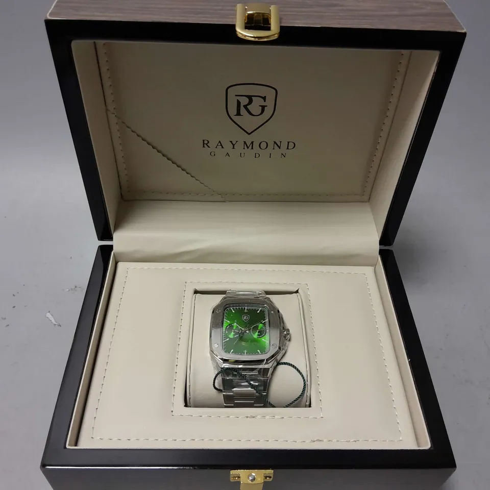 MENS RAYMOND GAUDIN WATCH – MULTI FUNCTION DIAL – STAINLESS CASE & STRAP – 5ATM WATER RESISTANT - WOODEN GIFT BOX 