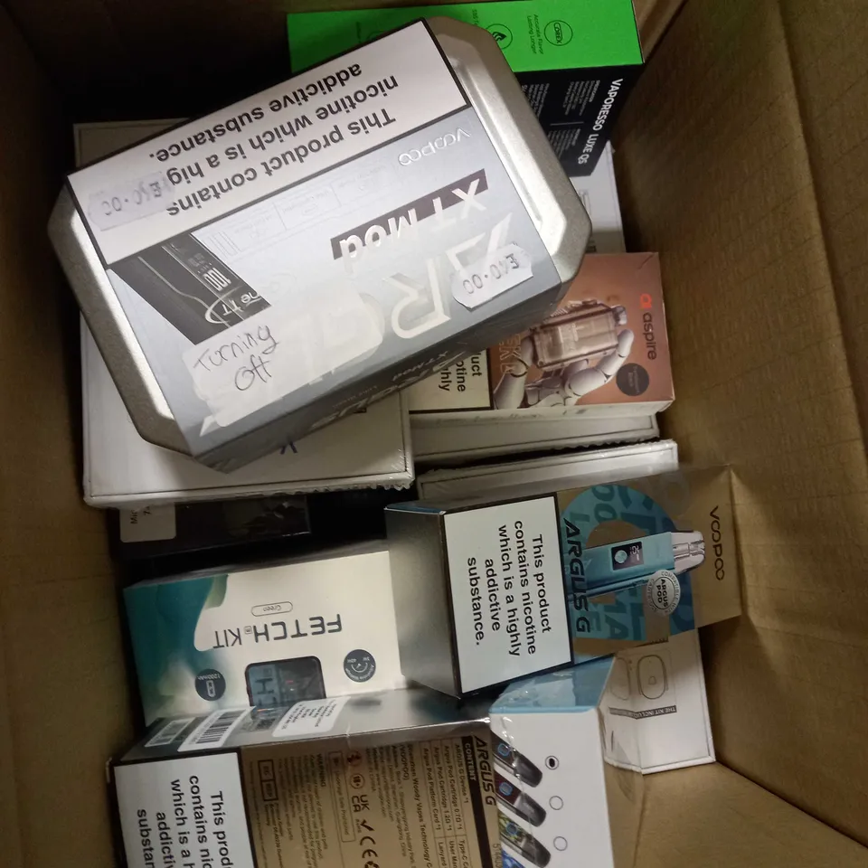 BOX OF APPROXIMATELY 10 ASSORTED E-CIGARATTES TO INCLUDE VOOPOO, ASPIRE, PRIMESTIQ ETC.
