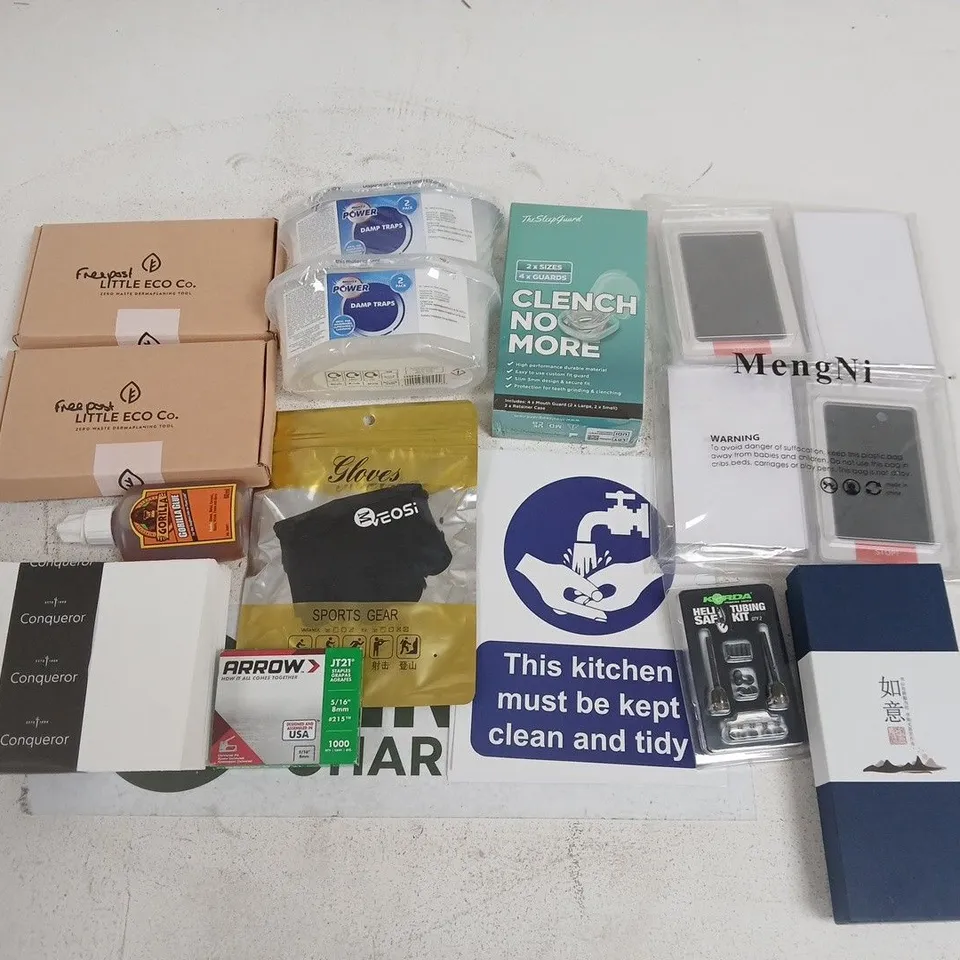 LOT OF ASSORTED HOUSEHOLD ITEMS TO INCLUDE MOUTH GUARDS, DAMP TRAPS AND GORILLA GLUE