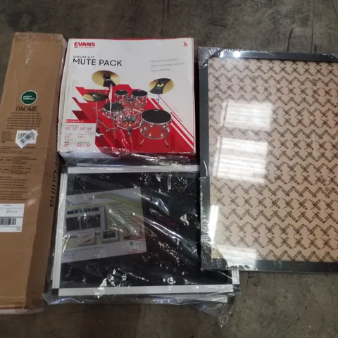 PALLET CONTAINING ASSORTED PRODUCTS INCLUDING BADMINTON NET, DRUM KIT MUTE PACK, ADJUSTABLE WINDOW SCREEN, PICTURE FRAME & CHRISTMAS TREE 