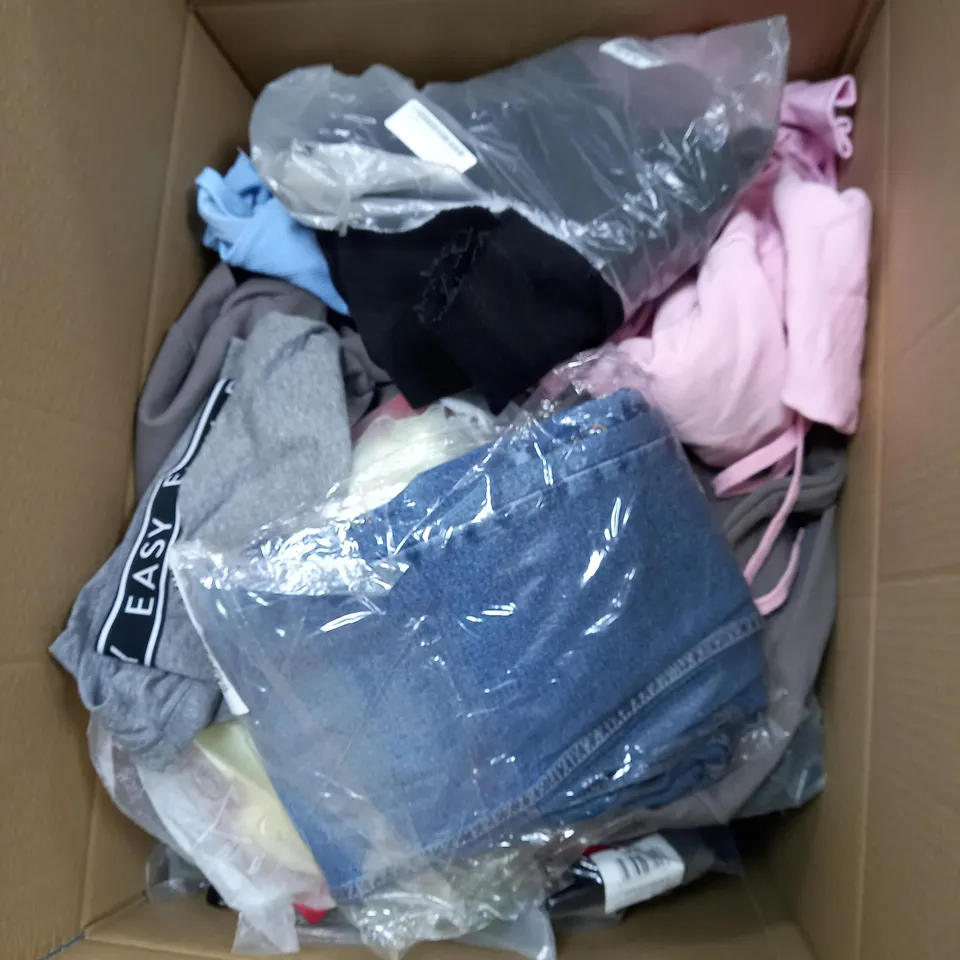 BOX OF ASSORTED CLOTHING ITEMS TOO INCLUDE JUMPERS, SHIRTS AND TROUSERS IN VARIOUS SIZES AND COLOURS   