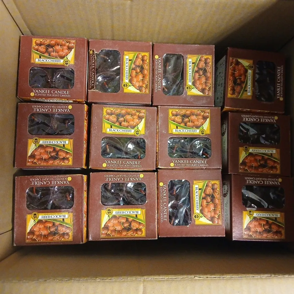 BOX OF APPROX 24 YANKEE CANDLE BLACK CHERRY TEA LIGHT CANDLES – 12 PER BOX
