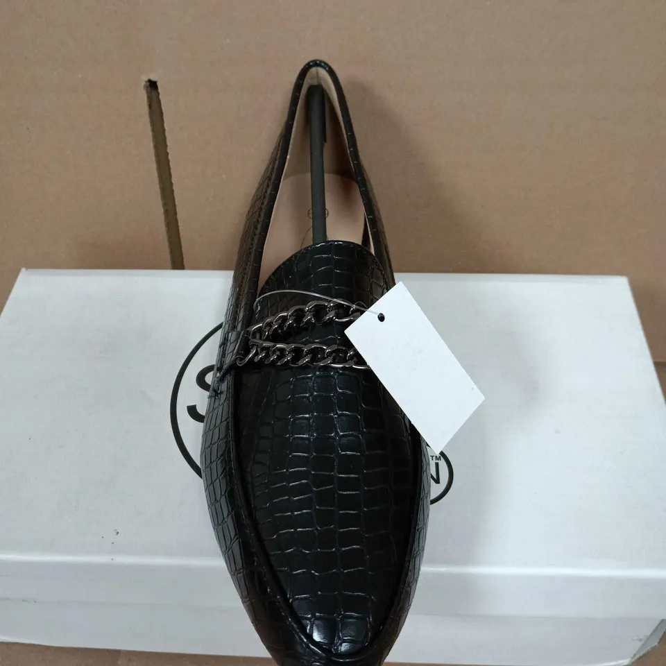 BOXED PAIR OF SPOT ON BLACK CROC-EMBOSSED LEATHER-LOOK LOAFERS WITH CHAIN DETAIL – UK SIZE 3