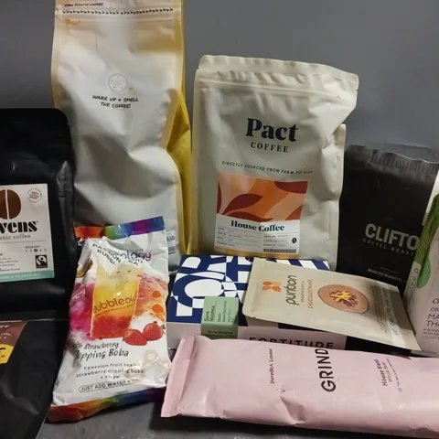 APPROXIMATELY 10 ASSORTED COFFEE & TEA PRODUCTS TO INCLUDE GRIND HOUSE BLEND (227g), RAVE SIGNATURE BLEND (1kg), CLEARSPRING MATCHA THREE MINT TEA (20 SERVINGS), ETC