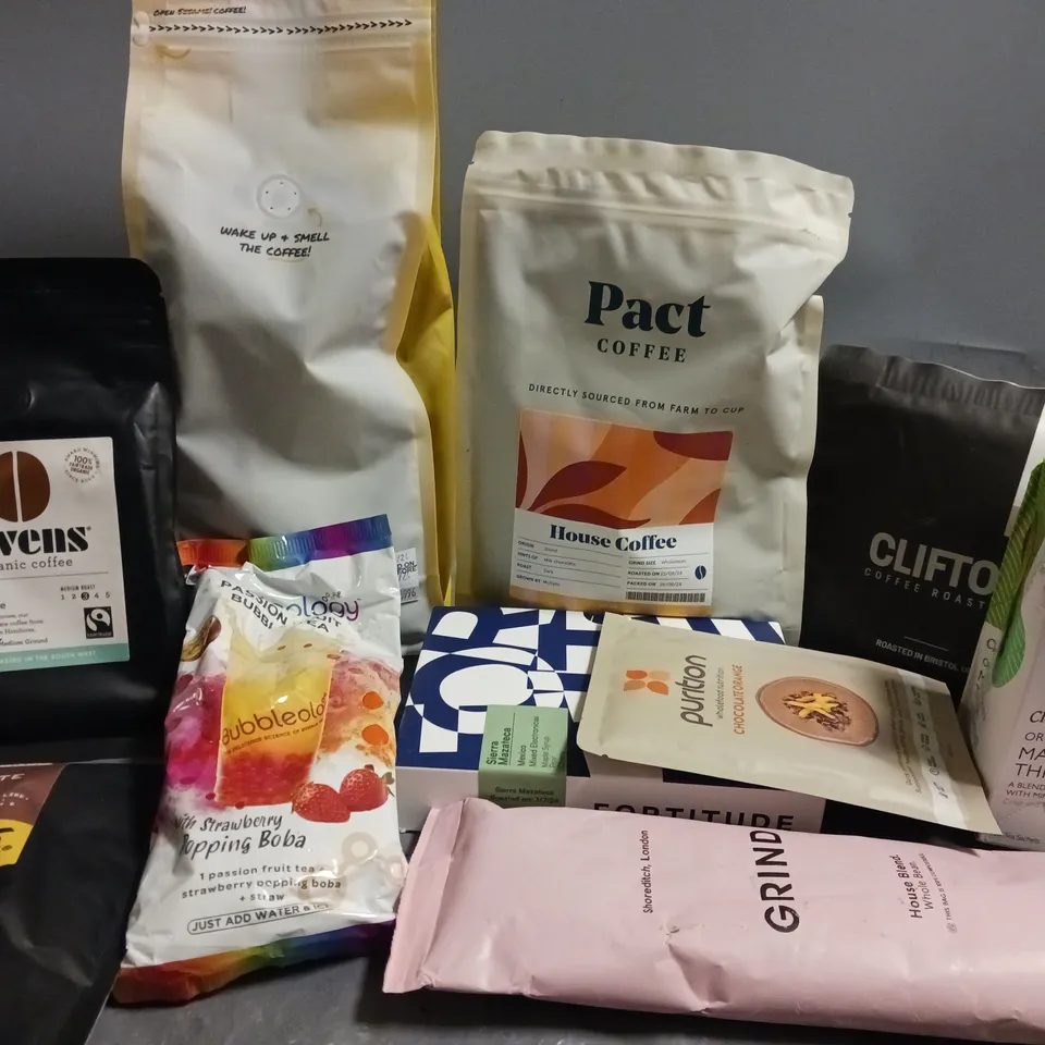 APPROXIMATELY 10 ASSORTED COFFEE & TEA PRODUCTS TO INCLUDE GRIND HOUSE BLEND (227g), RAVE SIGNATURE BLEND (1kg), CLEARSPRING MATCHA THREE MINT TEA (20 SERVINGS), ETC