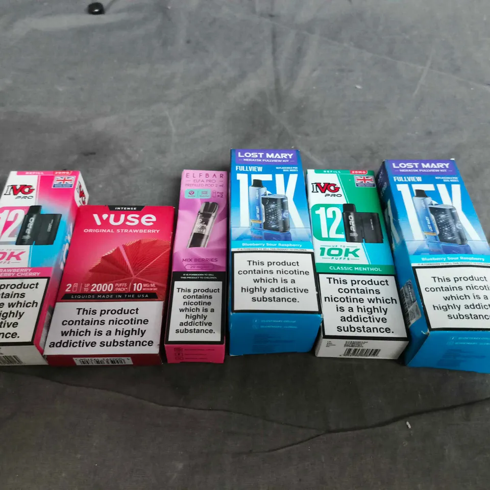 APPROXIMATELY 15 ASSORTED E-CIGARETTE AND VAPE PRODUCTS TO INCLUDE IVG, VUSE, LOST MARY ETC 