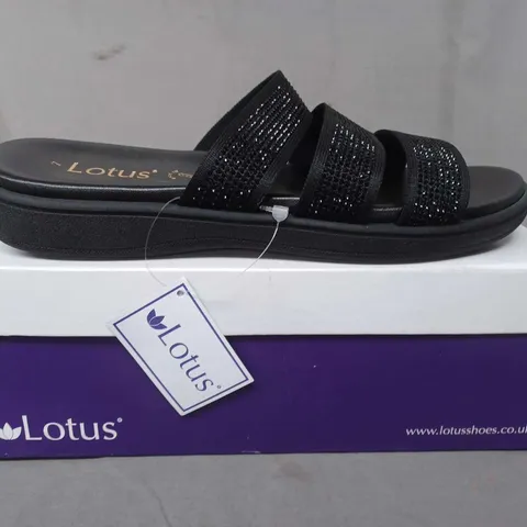 BOXED PAIR OF LOTUS OLGA OPEN TOE SANDALS IN BLACK/DIAMANTE - SIZE 7