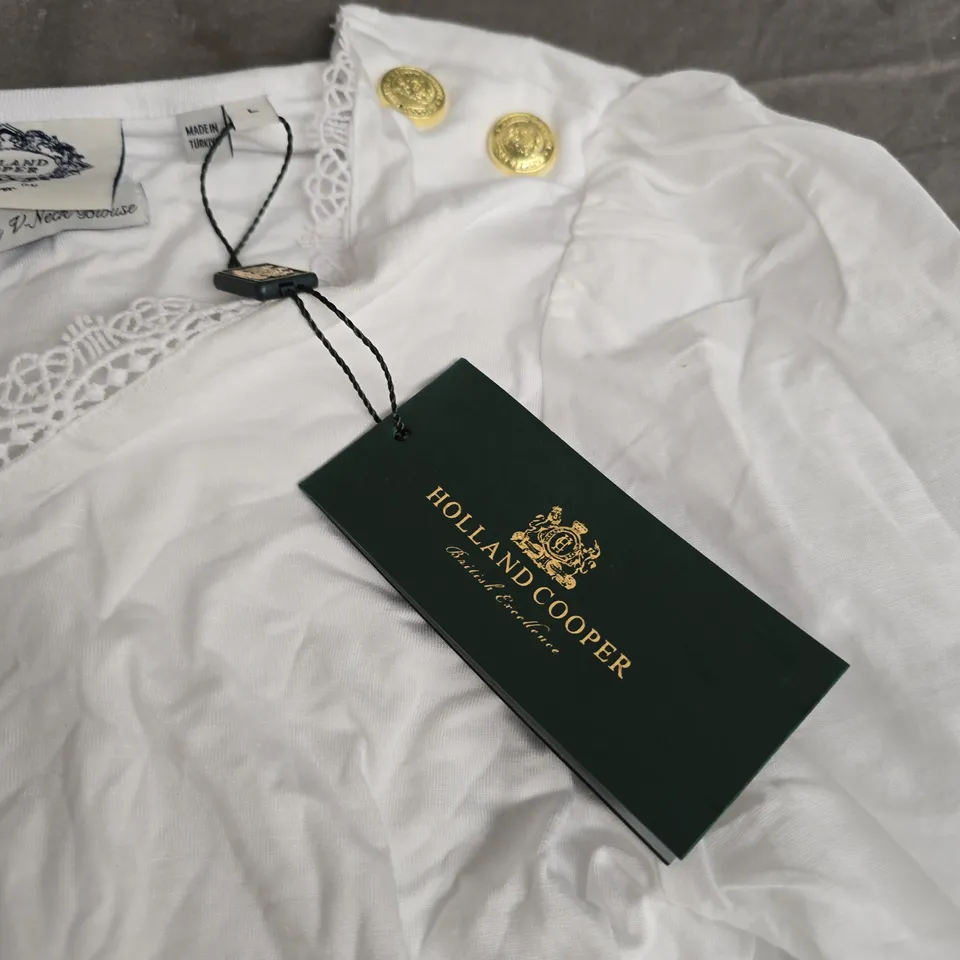 HOLLAND COOPER WHITE LACE-TRIM BLOUSE – WOMEN'S SHIRT WITH EMBROIDERED CUFFS