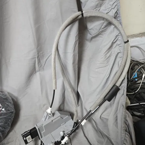 BOX OF APPROXIMATELY 10 ASSORTED AUTOMOTIVE ITEMS INCLUDING CLAMP , TROLLEY WHEEL AND CAR DOOR LOCK