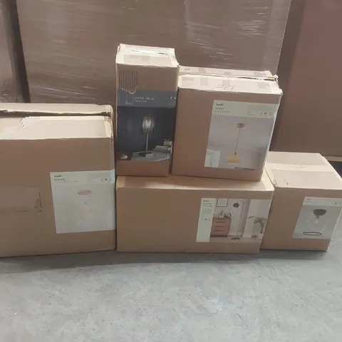 PALLET CONTAINING A VERY LARGE QUANTITY OF ASSORTED DESIGNER LIGHTING PRODUCTS INCLUDING: ELODIE CEILING CLUSTER, HOTEL MELIA TABLE LAMP, AUBURN FLOOR LAMP ECT
