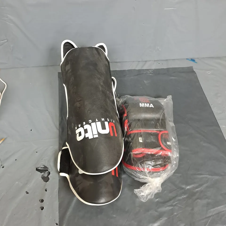 BOX OF ASSORTED MMA ITEMS TO INCLUDE SHIN GUARDS AND PADDED GLOVE