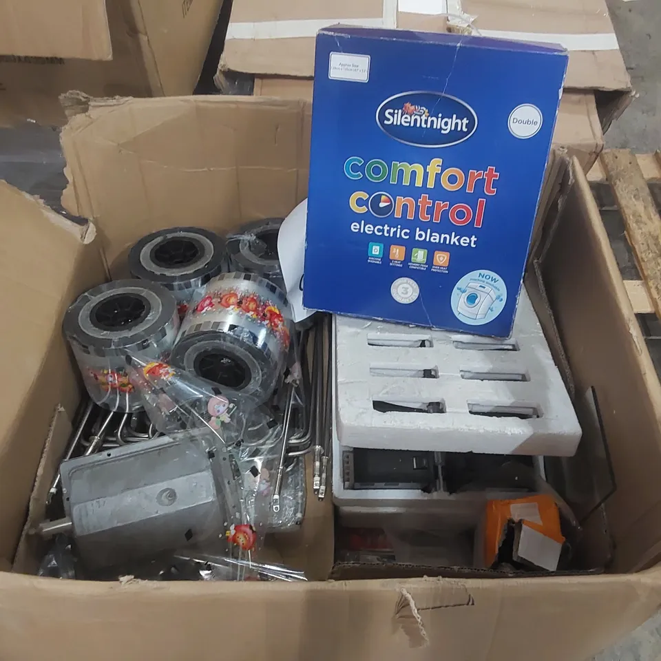 BOX OF ASSORTED ITEMS INCLUDING: SILENTNIGHT COMFORT CONTROL ELECTRIC BLANKET, CATERING SUPPLIES ECT