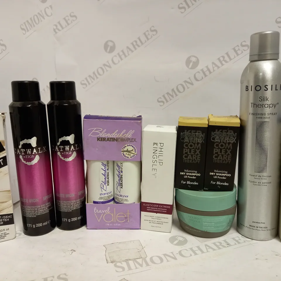 LOT OF 10 ASSORTED HAIR CARE ITEMS, TO INCLUDE CATWALK, KERATIN COMPLEX, PHILIP KINGSLEY, ETC
