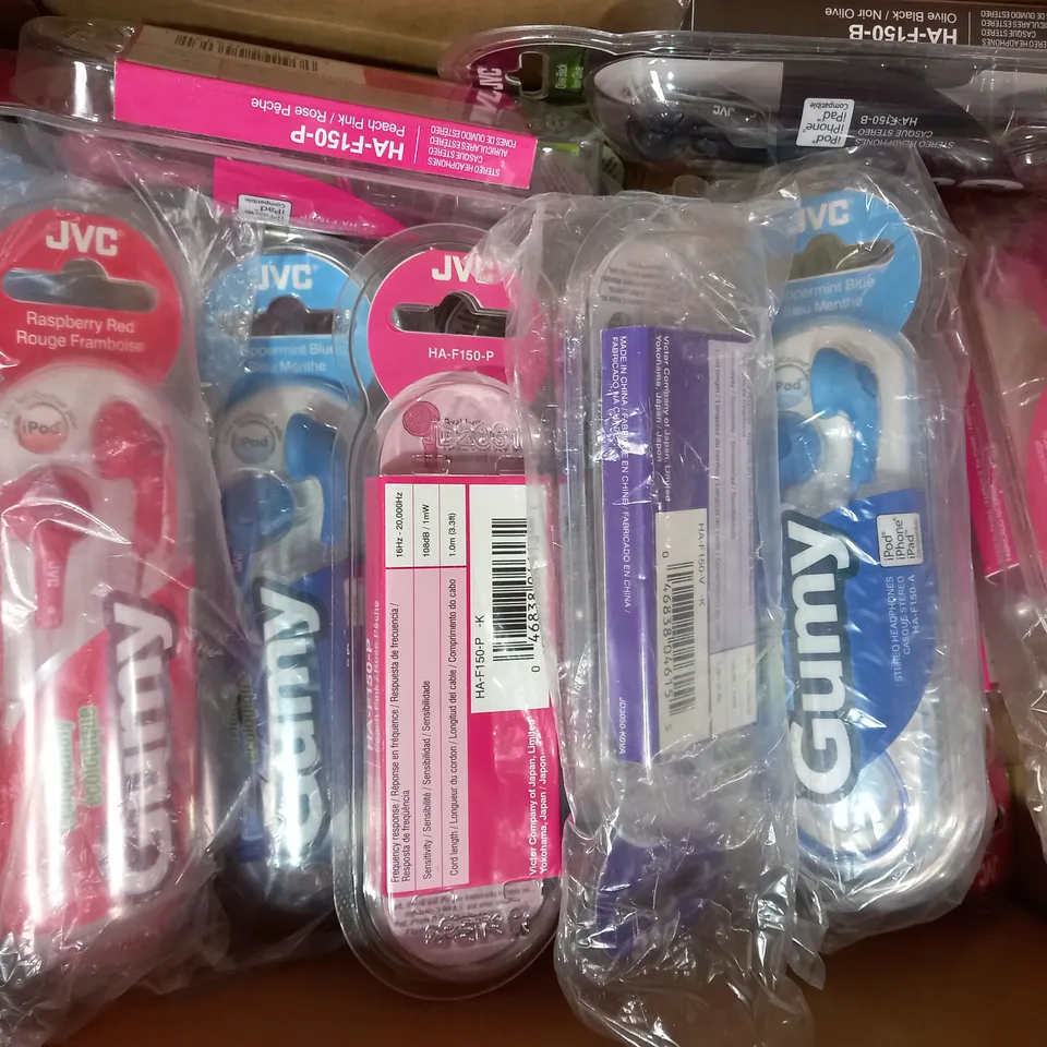 BOX OF APPROXIMATELY 20 ASSORTED JVC GUMY STEREO HEADPHONES IN VARIOUS COLOURS