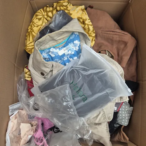 LARGE BOX OF APPROXIMATELY 25 ASSORTED CLOTHING ITEMS IN VARIOUS COLOURS, STYLES AND SIZES - COLLECTION ONLY